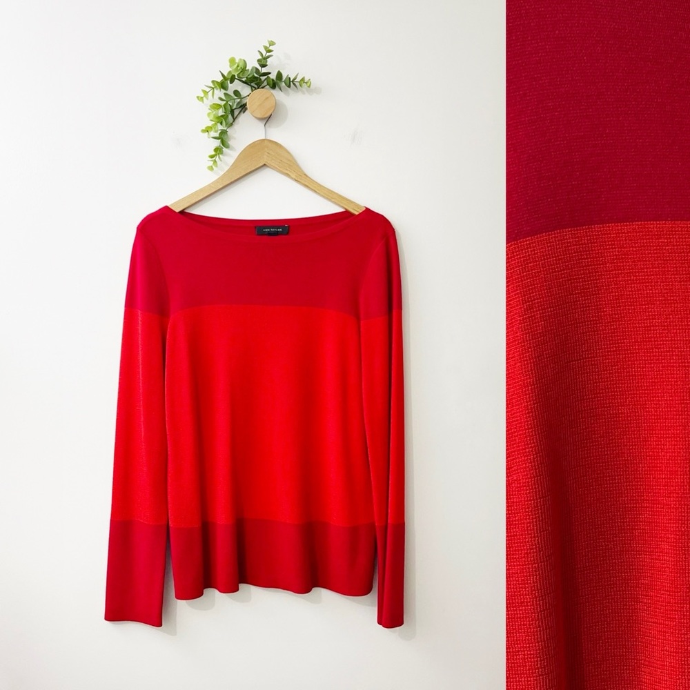 Ann Taylor Nylon Blend Red Striped Boat Neck Sweater